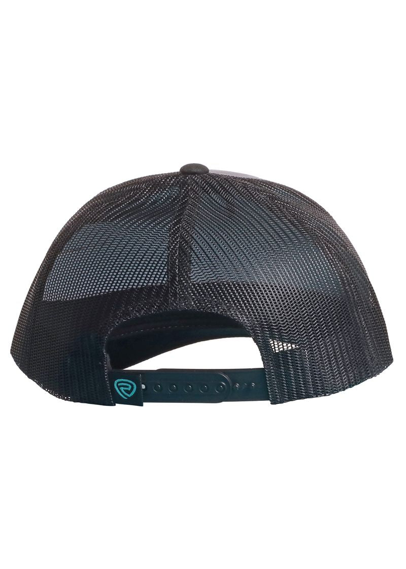 The Rock & Roll Cactus Skull Cap by Rock & Roll Denim is shown from the back, with an adjustable snapback closure and a small logo tag. This black mesh cap offers breathable comfort and style for any casual occasion.