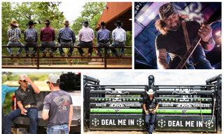 Collage of images including a group of men, a person with a guitar, and a branded truck.