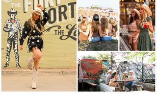 Woman in cowboy hat and star-patterned dress posing in front of a mural with 'The Funky Fort' branding.