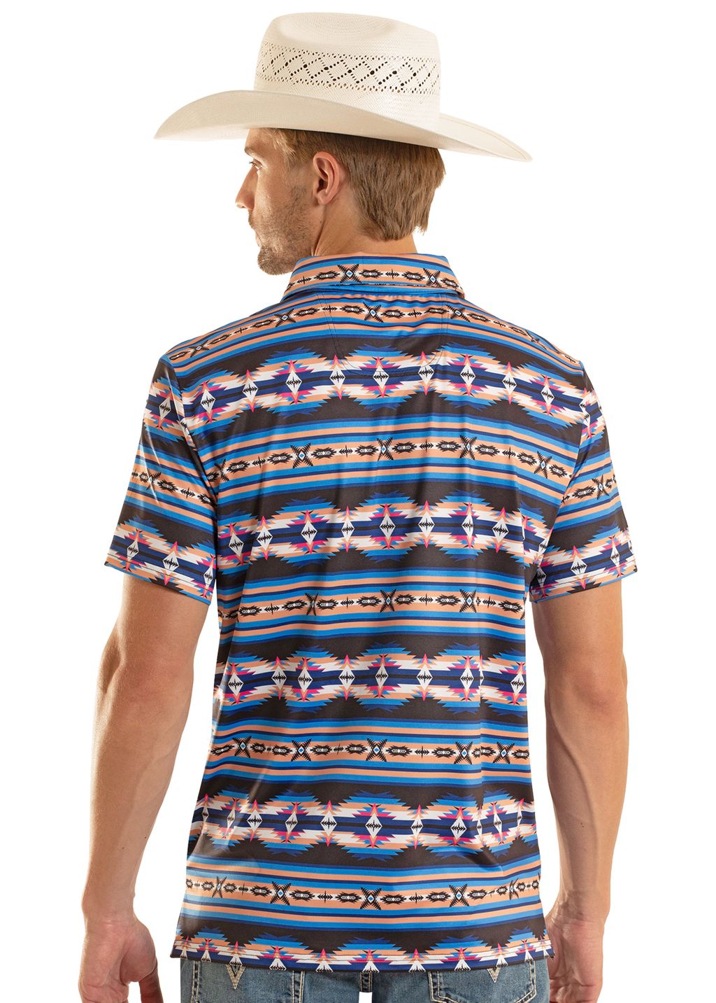 Man wearing a patterned shirt and cowboy hat on a white background