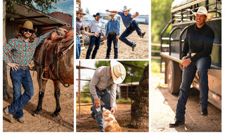 Collage of a man in cowboy attire on a ranch with a horse, interacting with a dog, and standing next to a truck.