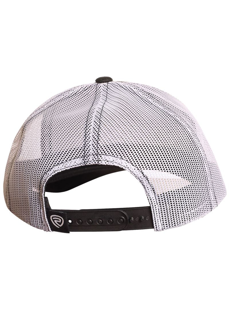 A close-up of the Rock & Roll Denim Rock & Roll Black Aztec Cap shows its white mesh back, black adjustable snapback strap, and a small black tag on the left side, emphasizing the modern design.