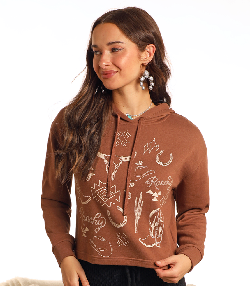 Women's Range Western Graphic Cropped Hoodie Rock Roll Denim