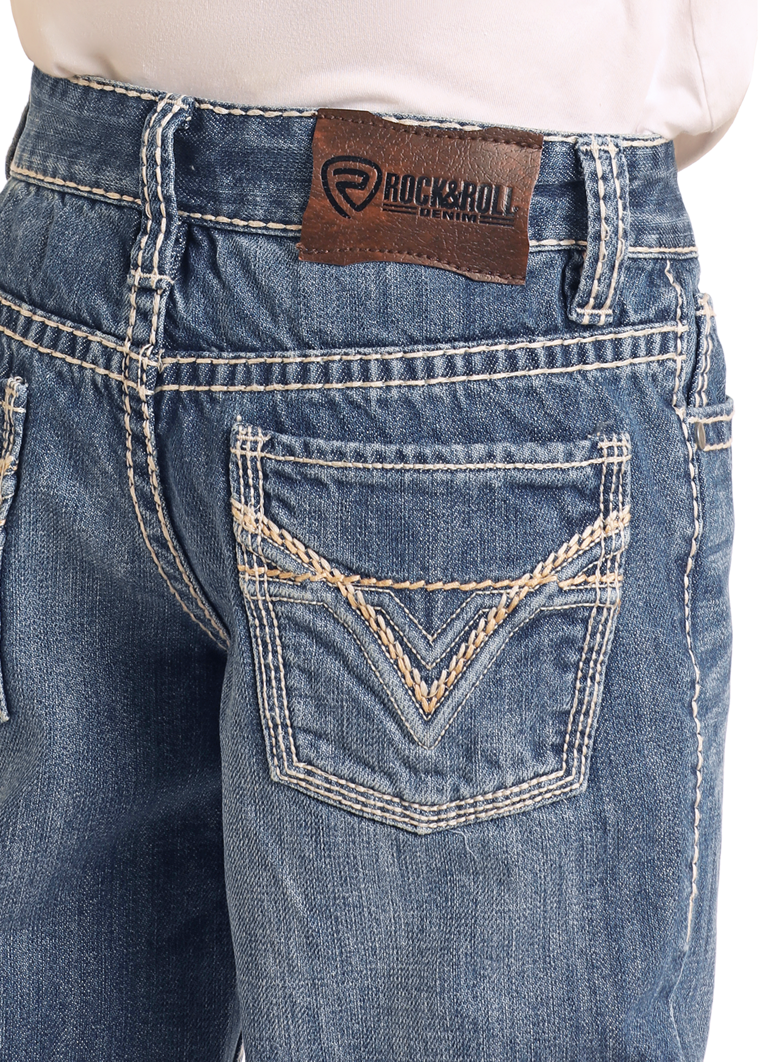 Close-up of the back of Rock & Roll Denim Boys' Ivory Top-Stitching Regular Fit Bootcut Jeans, featuring two back pockets and a brown leather patch with brand logo near the waistband.