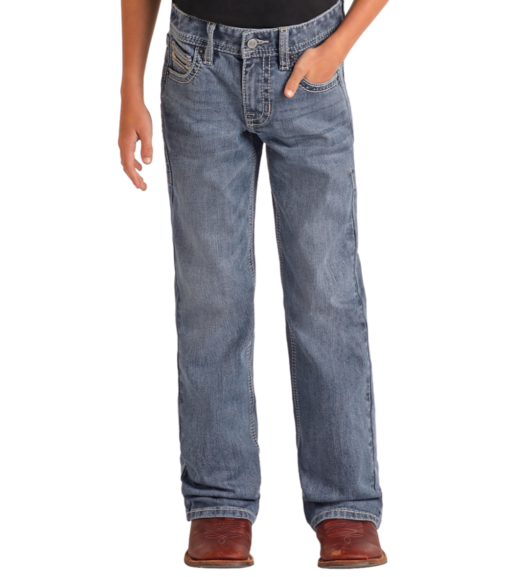 A child models Rock & Roll Denim Boys' Regular Fit Two-Tone Embroidered Bootcut Jeans with a black shirt and brown cowboy boots, standing with one hand in his pocket against a plain white background.