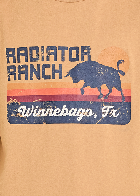 Child wearing a tan shirt with a graphic design and a cowboy hat on a white background