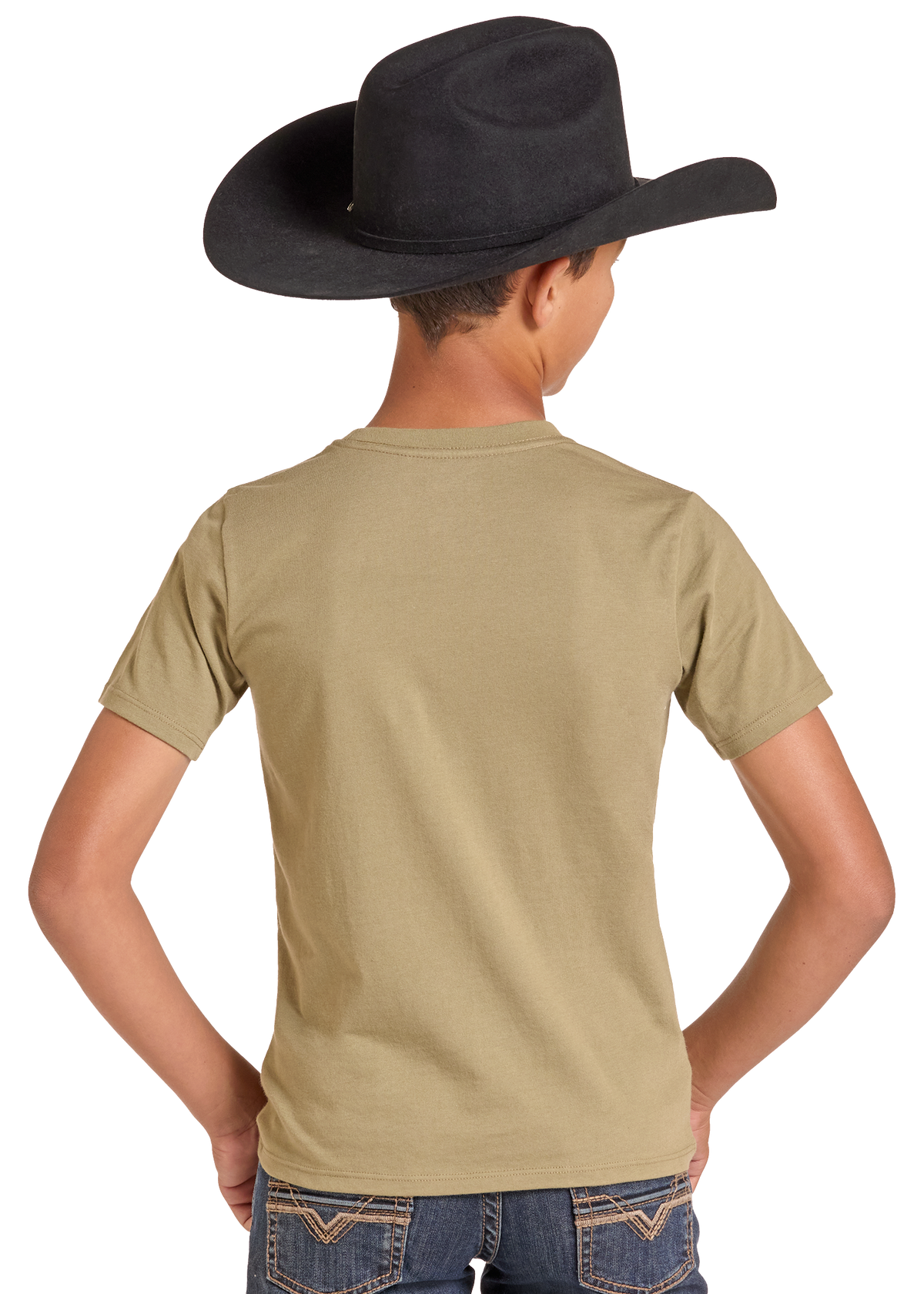 A child shown from the back wearing a plain short-sleeve crew-neck t-shirt in a light khaki color, paired with a black cowboy hat and blue jeans, against a solid white background.