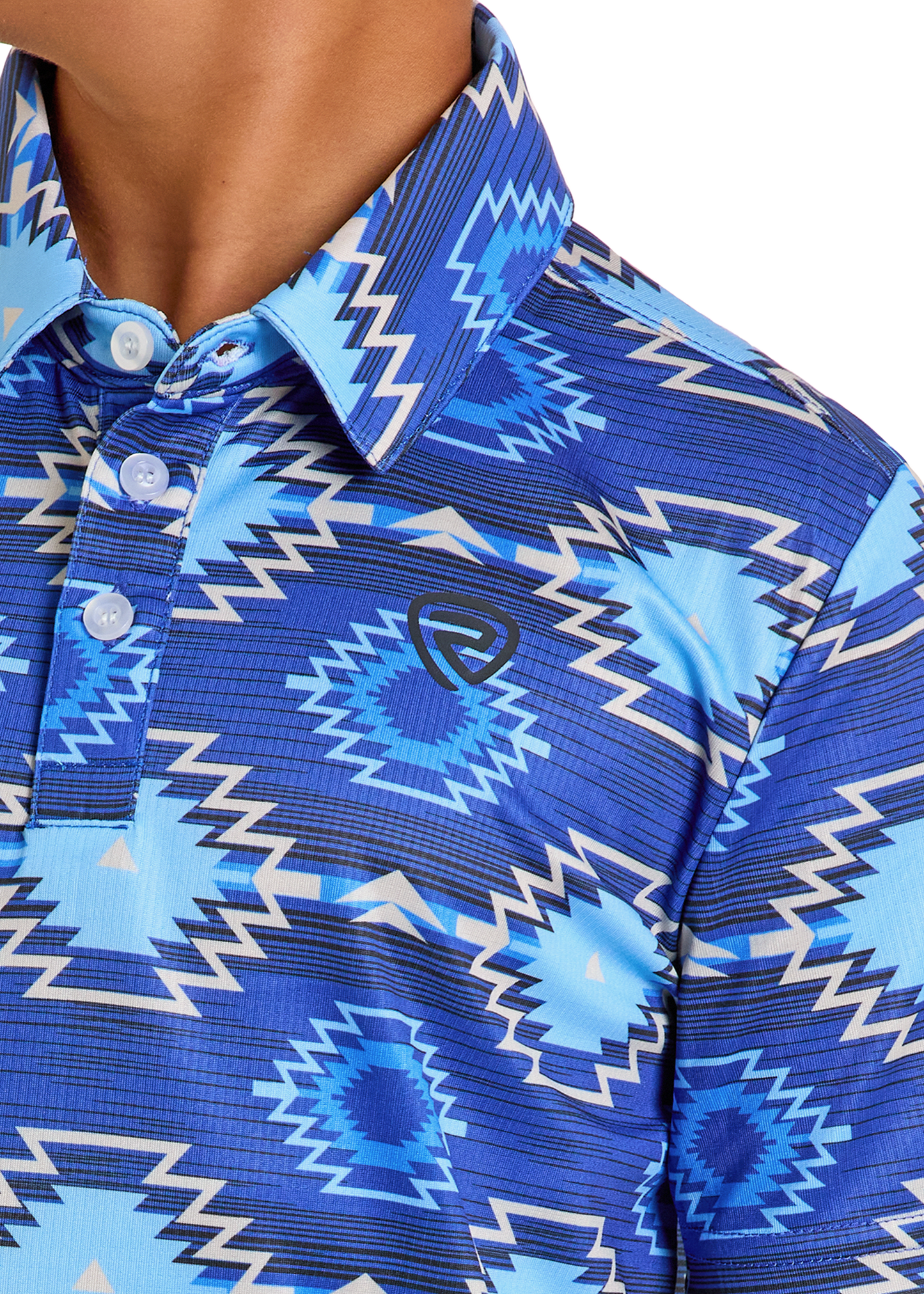 A boy wears the Rock & Roll Denim Boys' Blue Aztec Vertical Striped Polo - XXL, featuring white buttons, a bold geometric zigzag pattern, and a small black embroidered chest logo for stylish casual wear.
