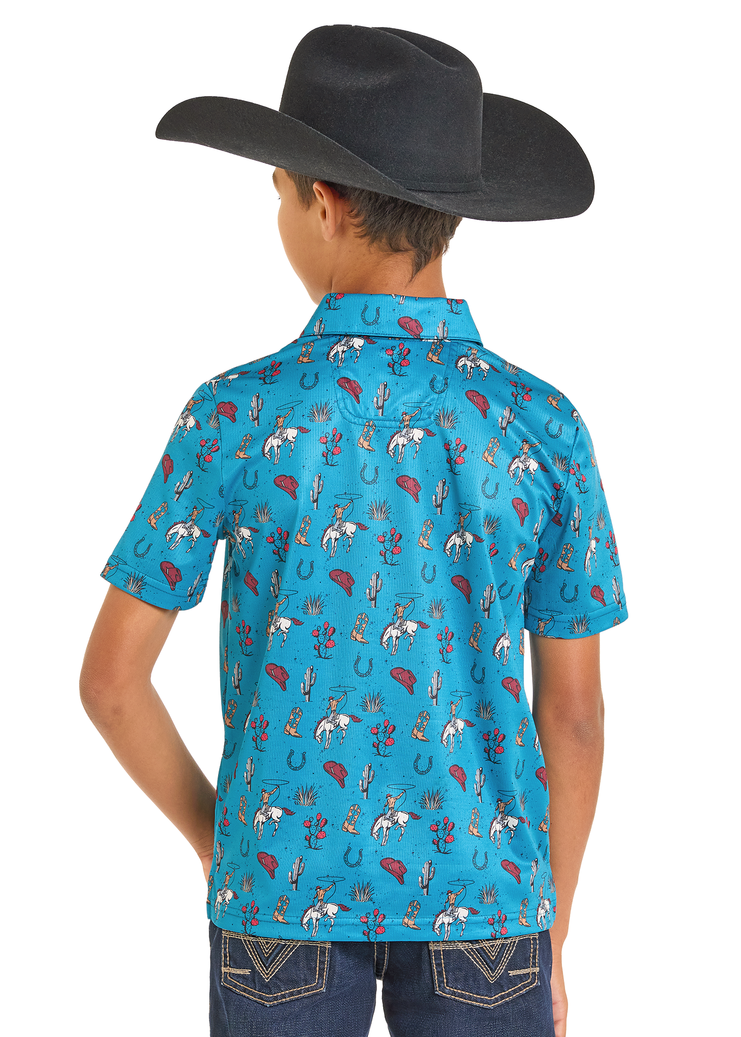 Child wearing a blue patterned shirt and black cowboy hat on a white background