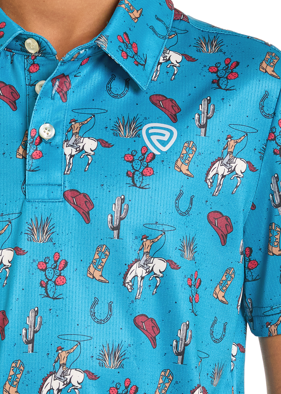 Blue shirt with cowboy-themed pattern worn by a person