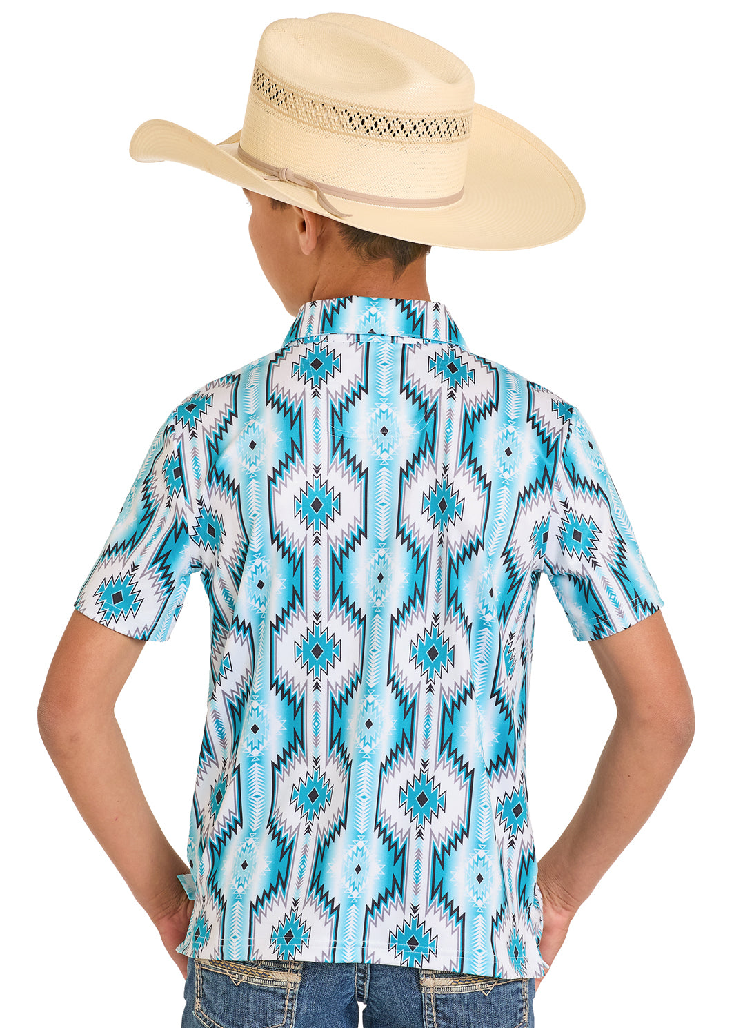 Child wearing a blue patterned shirt and cowboy hat on a white background