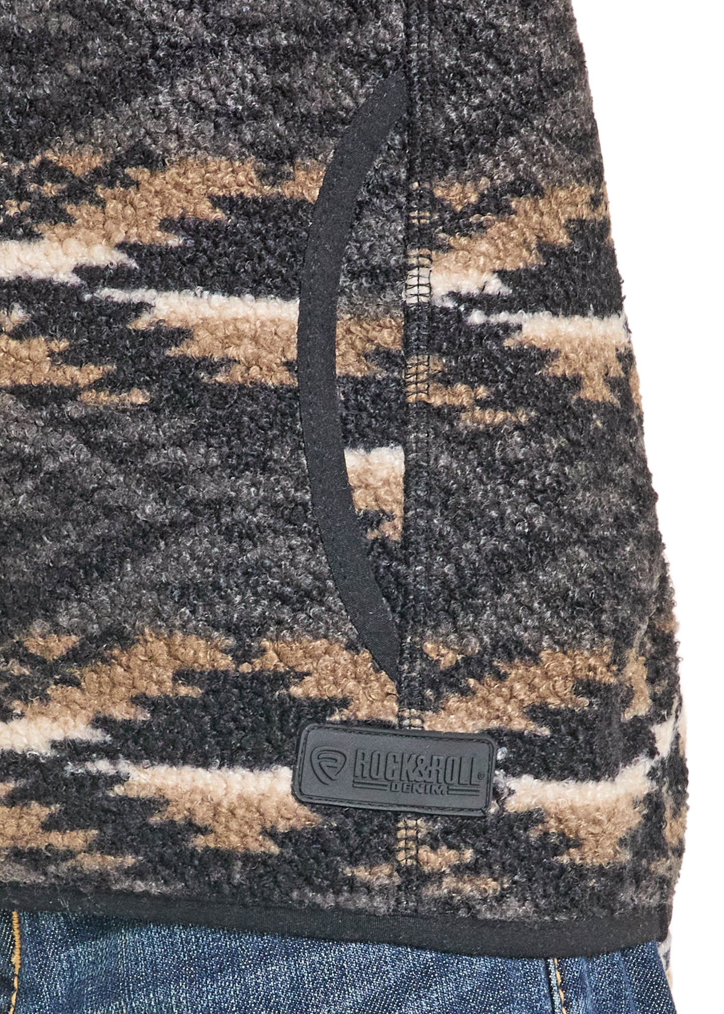 A close-up of the Rock & Roll Denim Boys' Black Aztec Print Fleece Pullover, featuring a stylish black and brown Aztec pattern.