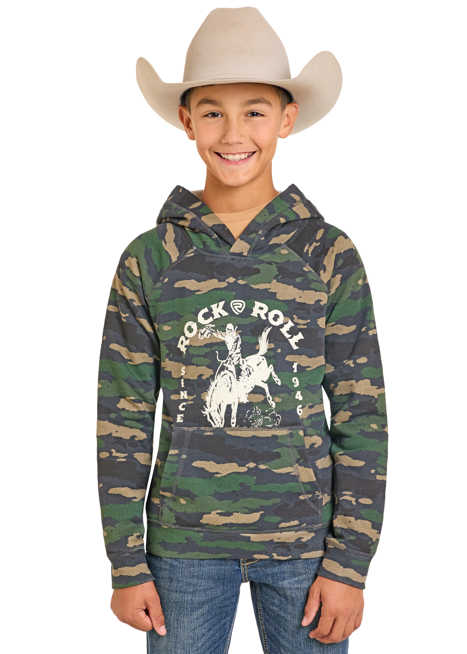 Child wearing a camouflage hoodie with a graphic design and a cowboy hat on a white background
