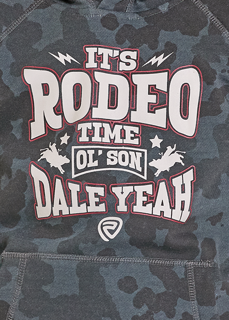 Child wearing a camouflage hoodie with text and a cowboy hat on a white background