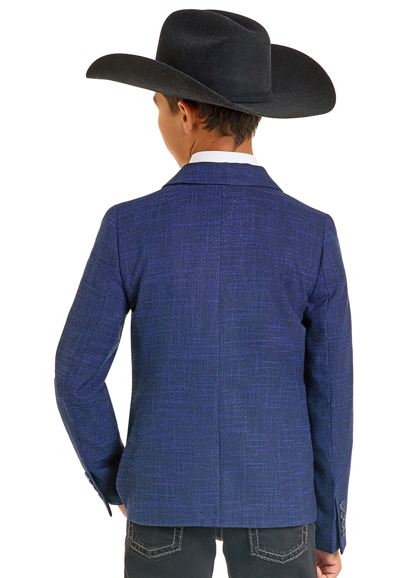A child is shown from the back in a large black cowboy hat, dark jeans, and a blue Rock & Roll Denim Boys' Basket Weave Sports Coat against a plain white background, dressed for any formal occasion.