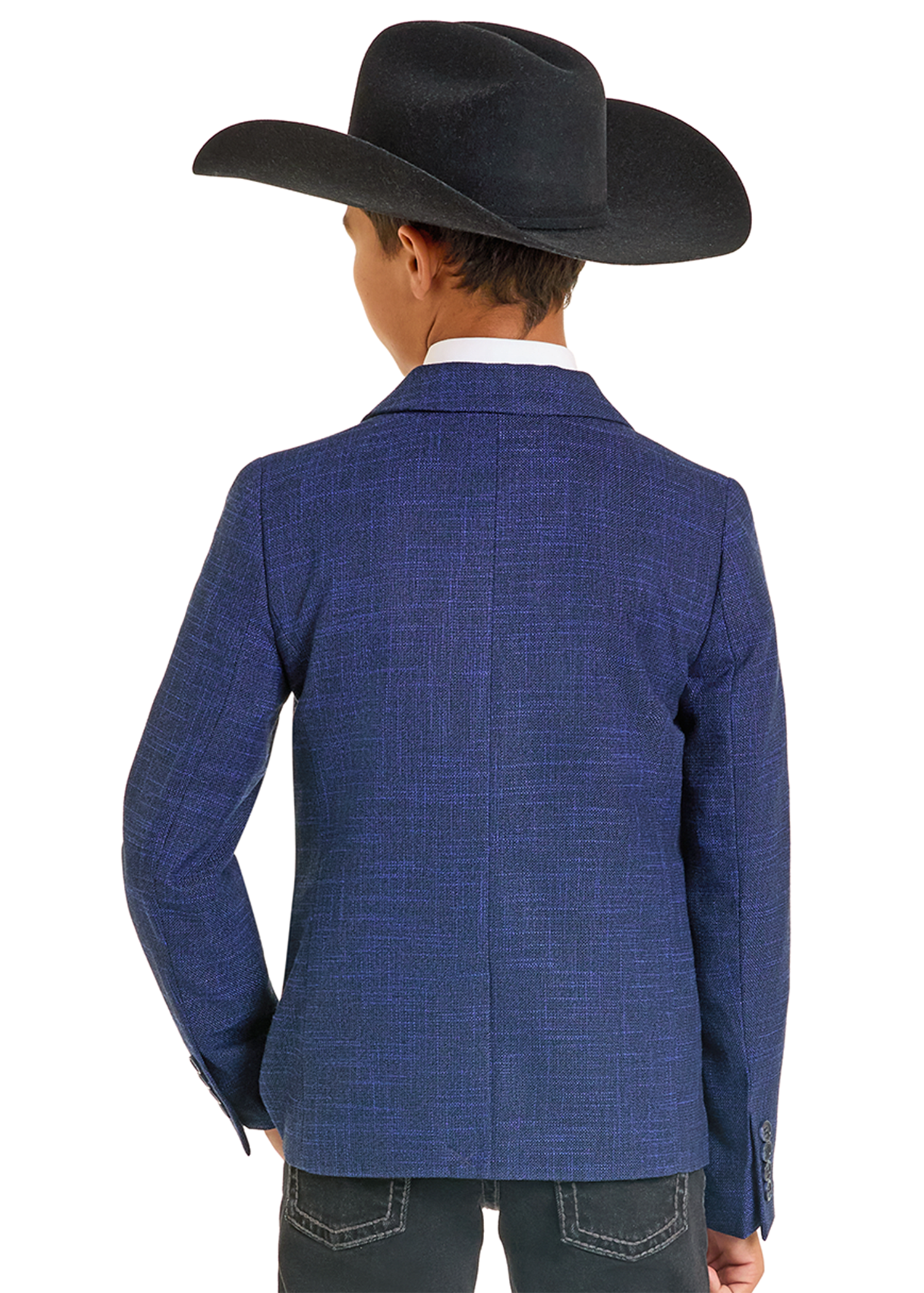 A child is shown from the back in a large black cowboy hat, dark jeans, and a blue Rock & Roll Denim Boys' Basket Weave Sports Coat against a plain white background, dressed for any formal occasion.