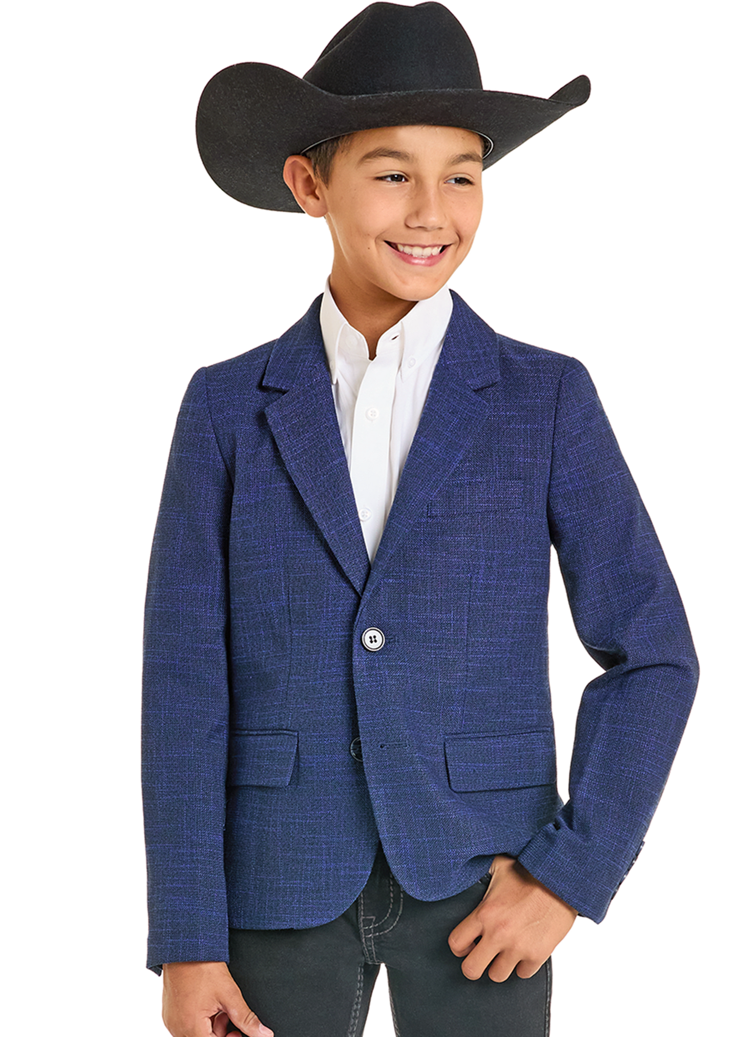 A smiling boy wears a black cowboy hat, white button-up shirt, and a blue Rock & Roll Denim Boys' Basket Weave Sports Coat, standing with one hand in his pocket against a plain white background.