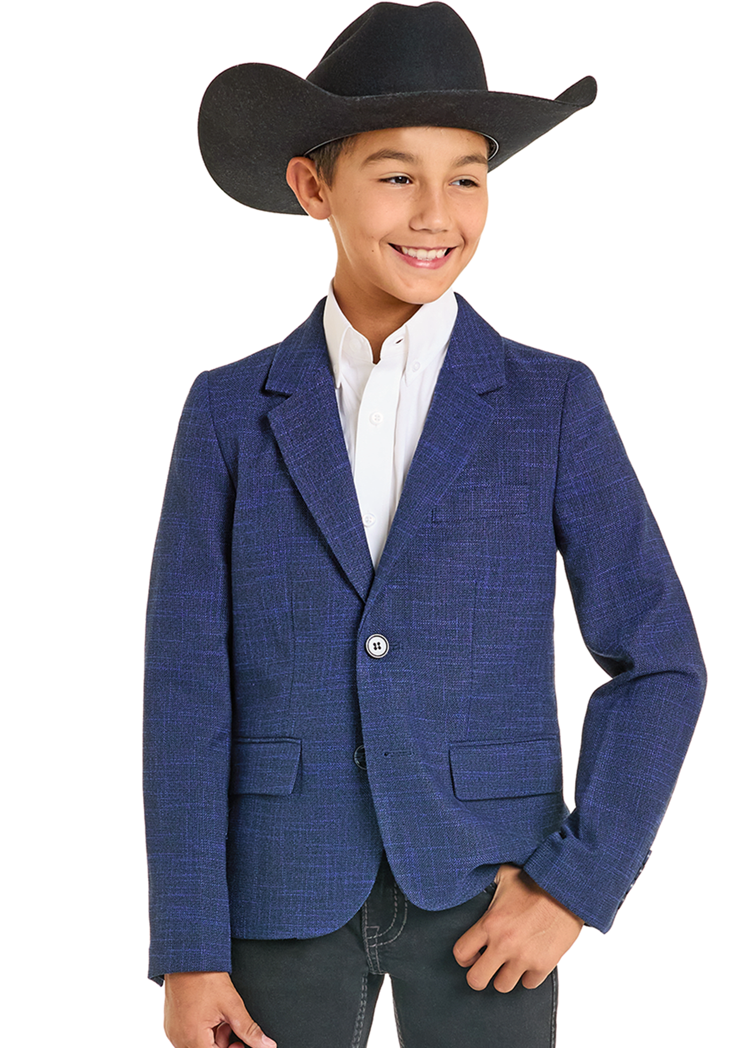 A smiling boy wears a black cowboy hat, white button-up shirt, and a blue Rock & Roll Denim Boys' Basket Weave Sports Coat, standing with one hand in his pocket against a plain white background.