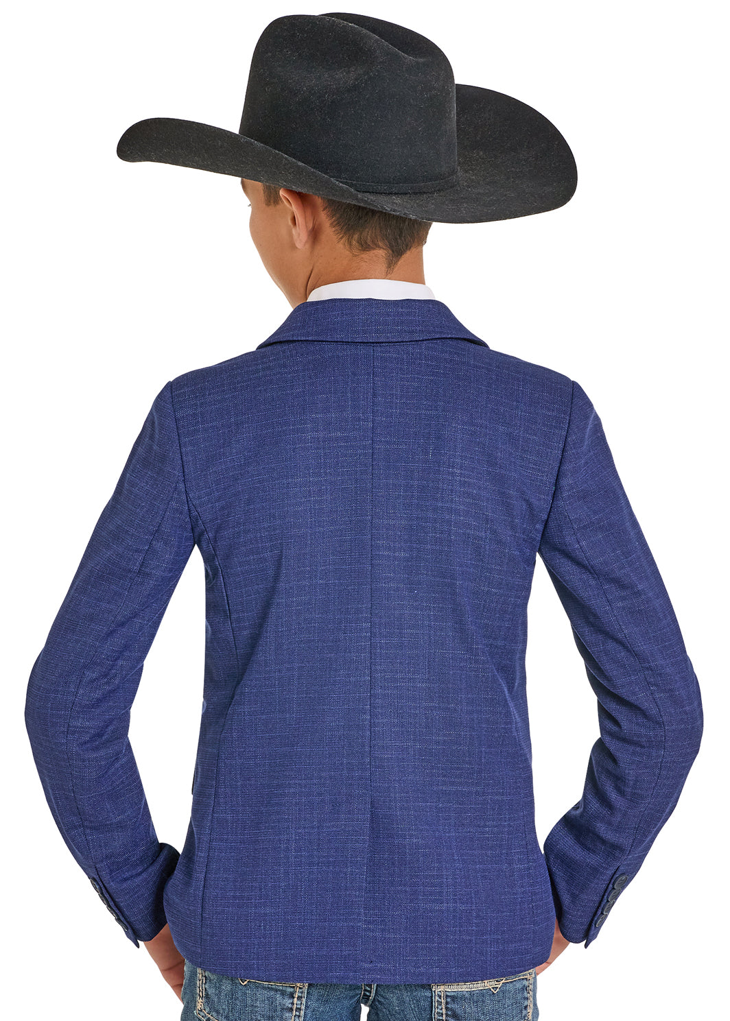 A child in a dark cowboy hat, Rock & Roll Denim Boys' Crosshatch Sports Coat, and blue jeans stands with their back to the camera, hands on hips—ready for any formal occasion.