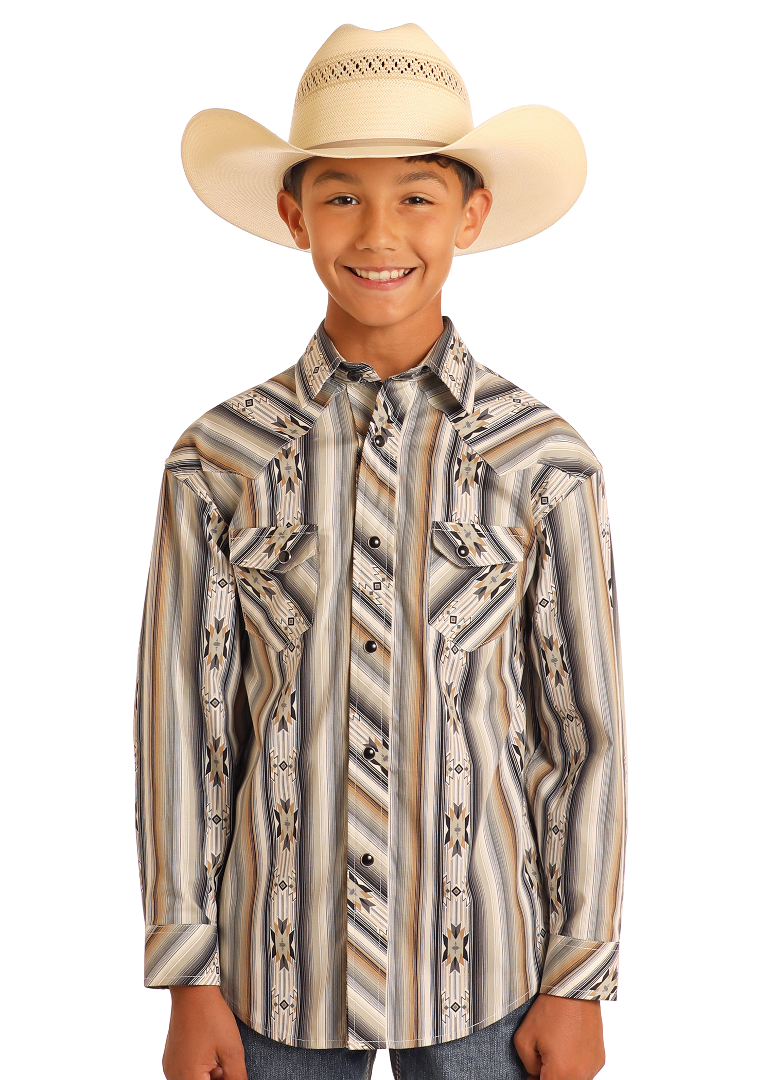 Boys' Southwestern Aztec Striped Long Sleeve Snap Shirt
