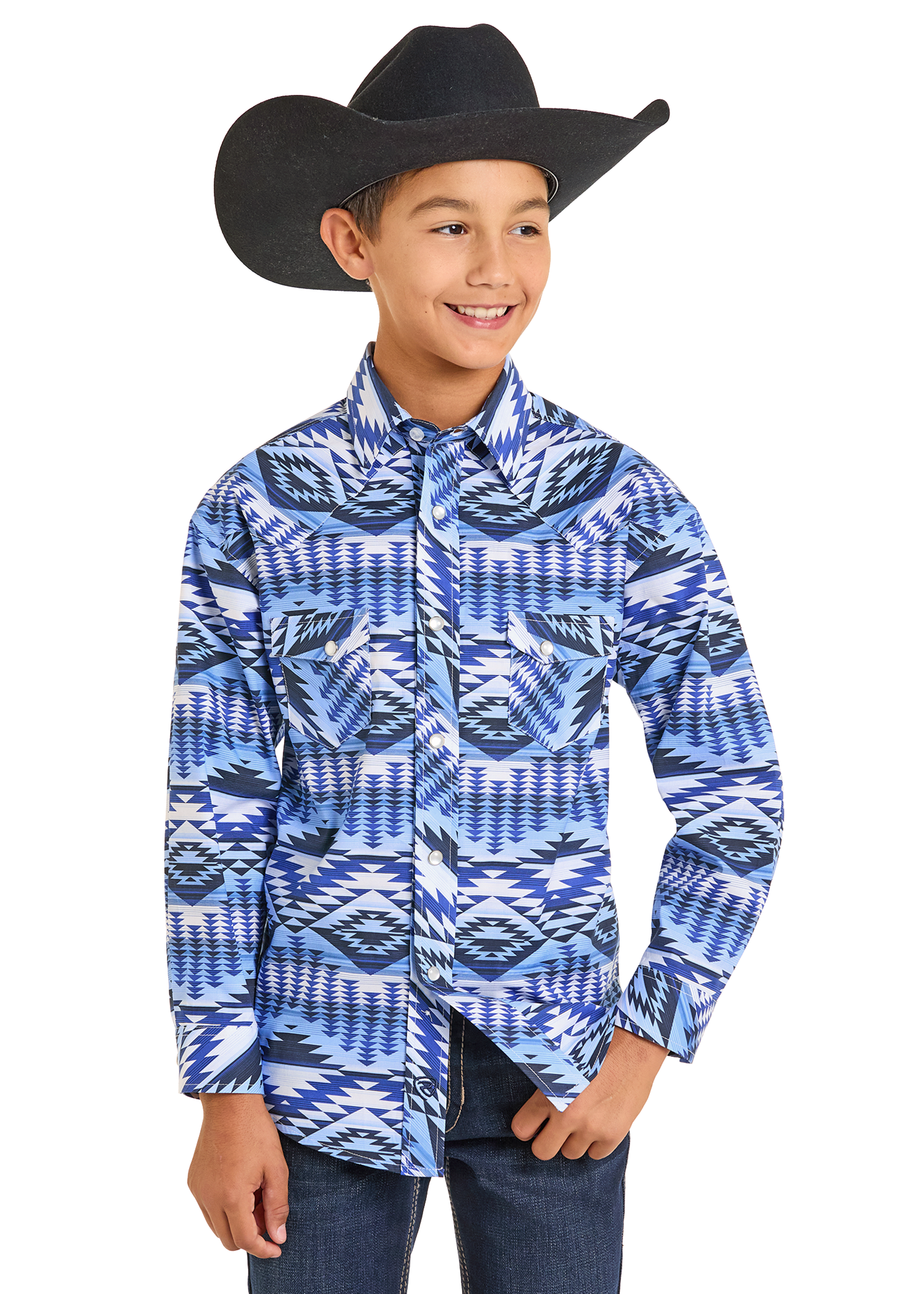 Boys' Blue Aztec Print Long Sleeve Snap Shirt | Rock & Roll Denim