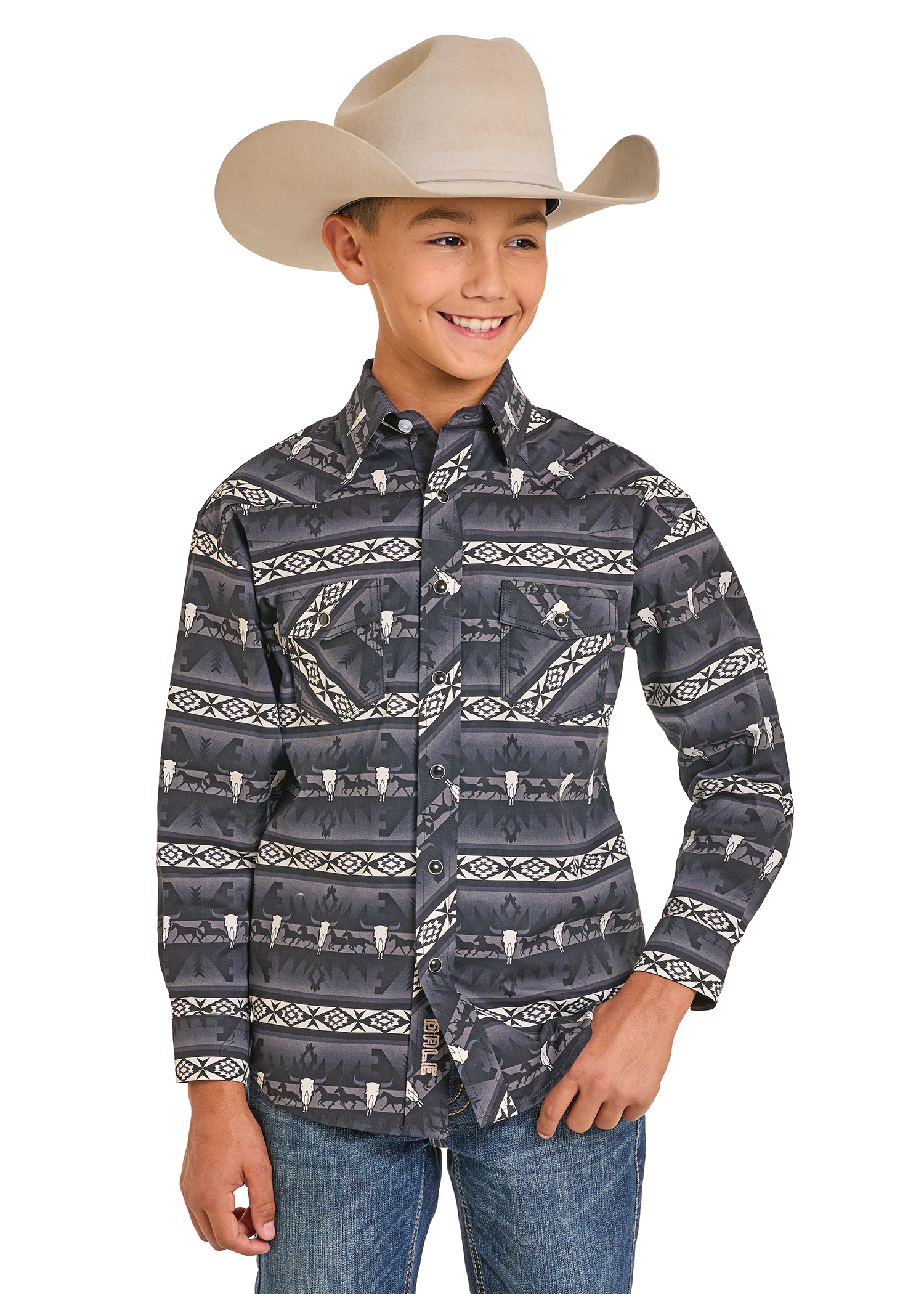 Boys' Dale Brisby Black Aztec Long Sleeve Snap Shirt | Rock & Roll Denim Boys' Dale Brisby Black Aztec Long Sleeve Snap Shirt | Rock & Roll Denim