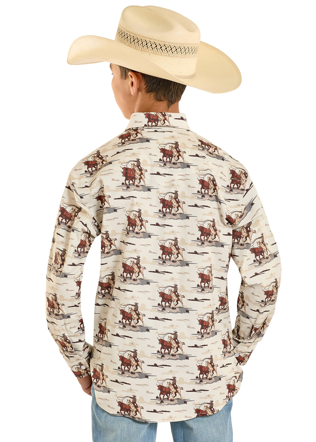 Person wearing a long-sleeve shirt with horse and rider pattern and a cowboy hat on a white background