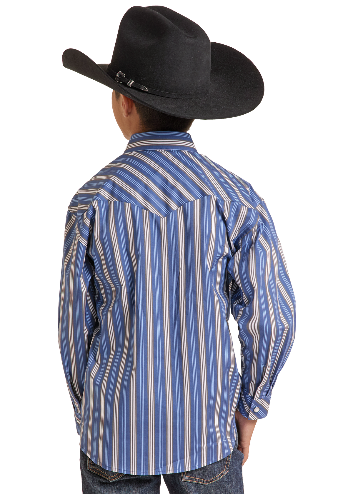 A child model from the back wearing a blue and white vertically striped western shirt, a black cowboy hat, and jeans against a white studio background.