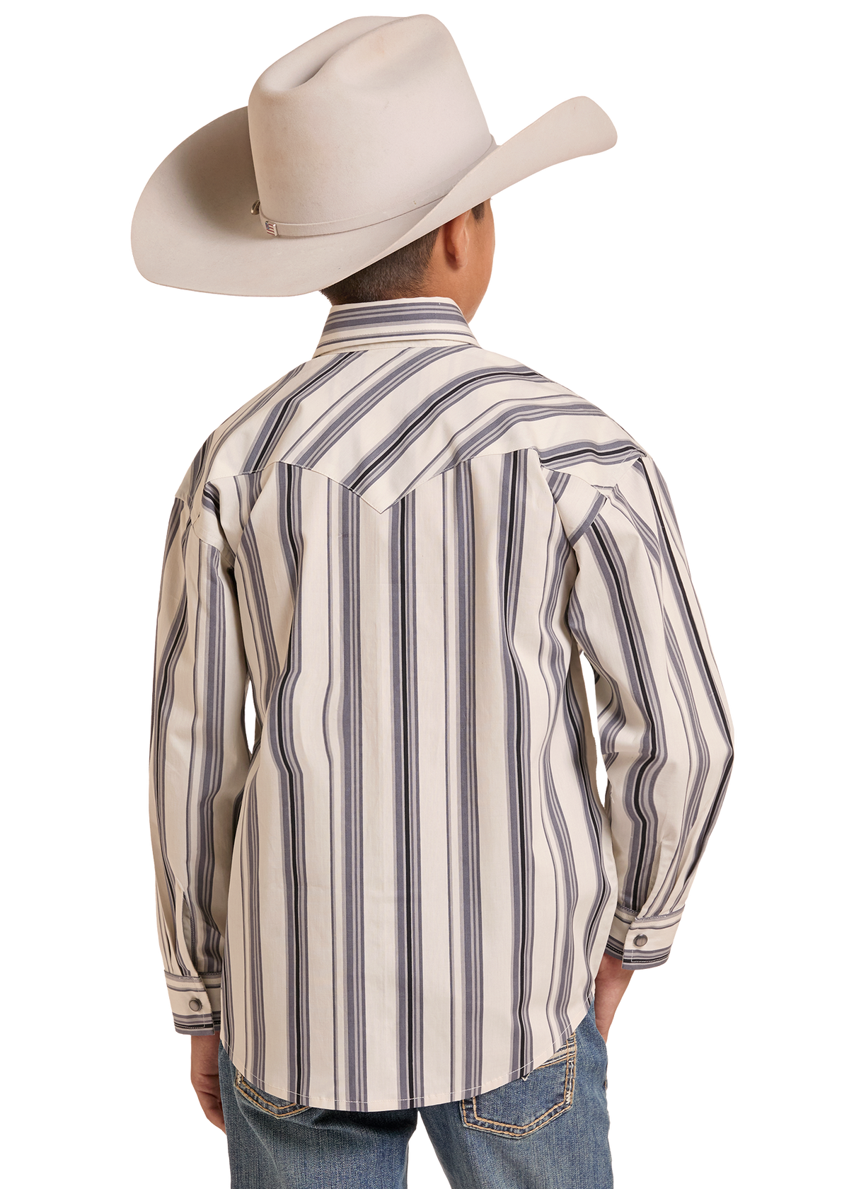 A boy wearing a cream and navy vertically striped western shirt and a light beige cowboy hat, shown from the back against a white background.