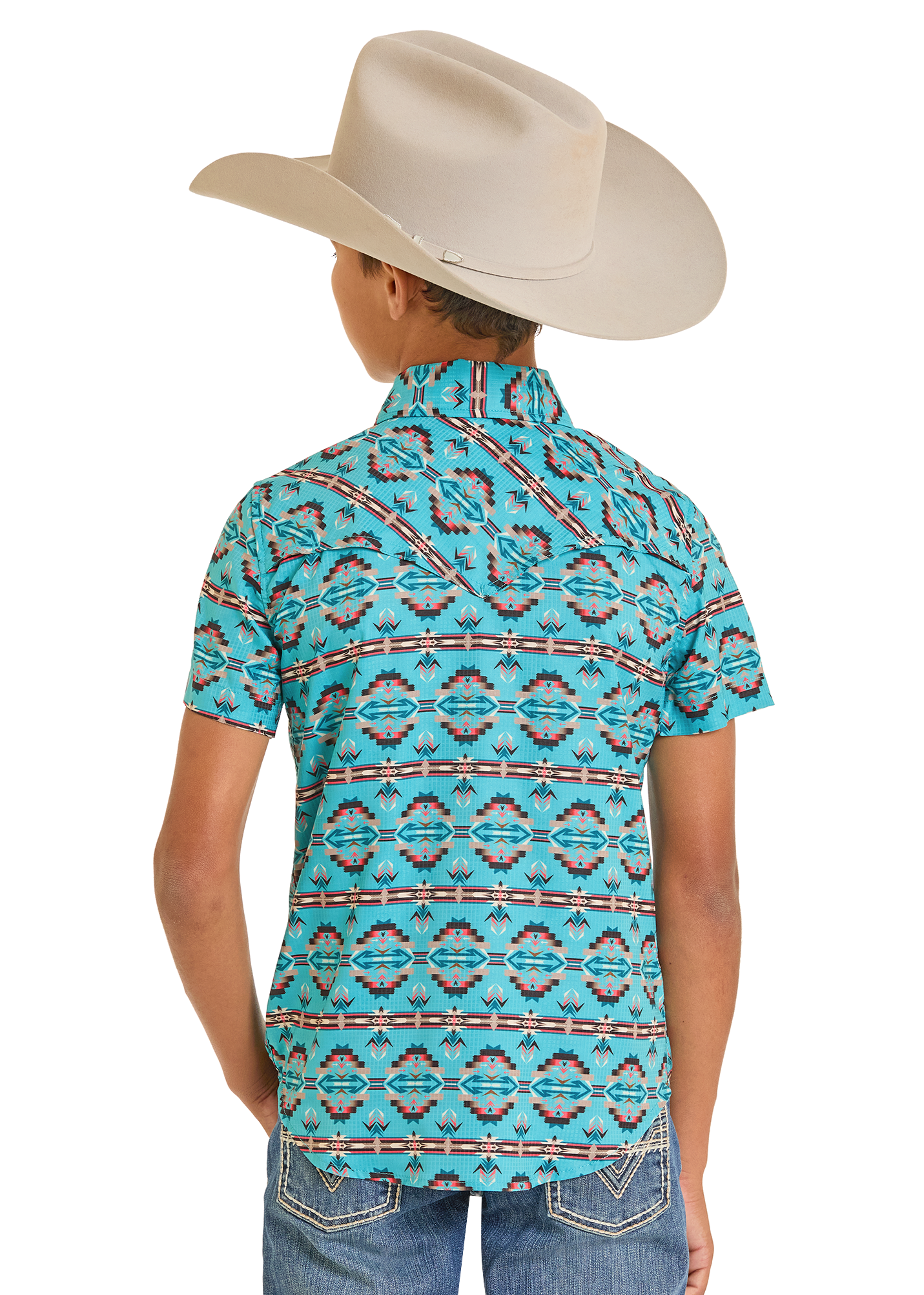 Person wearing a turquoise patterned shirt and beige cowboy hat on a white background
