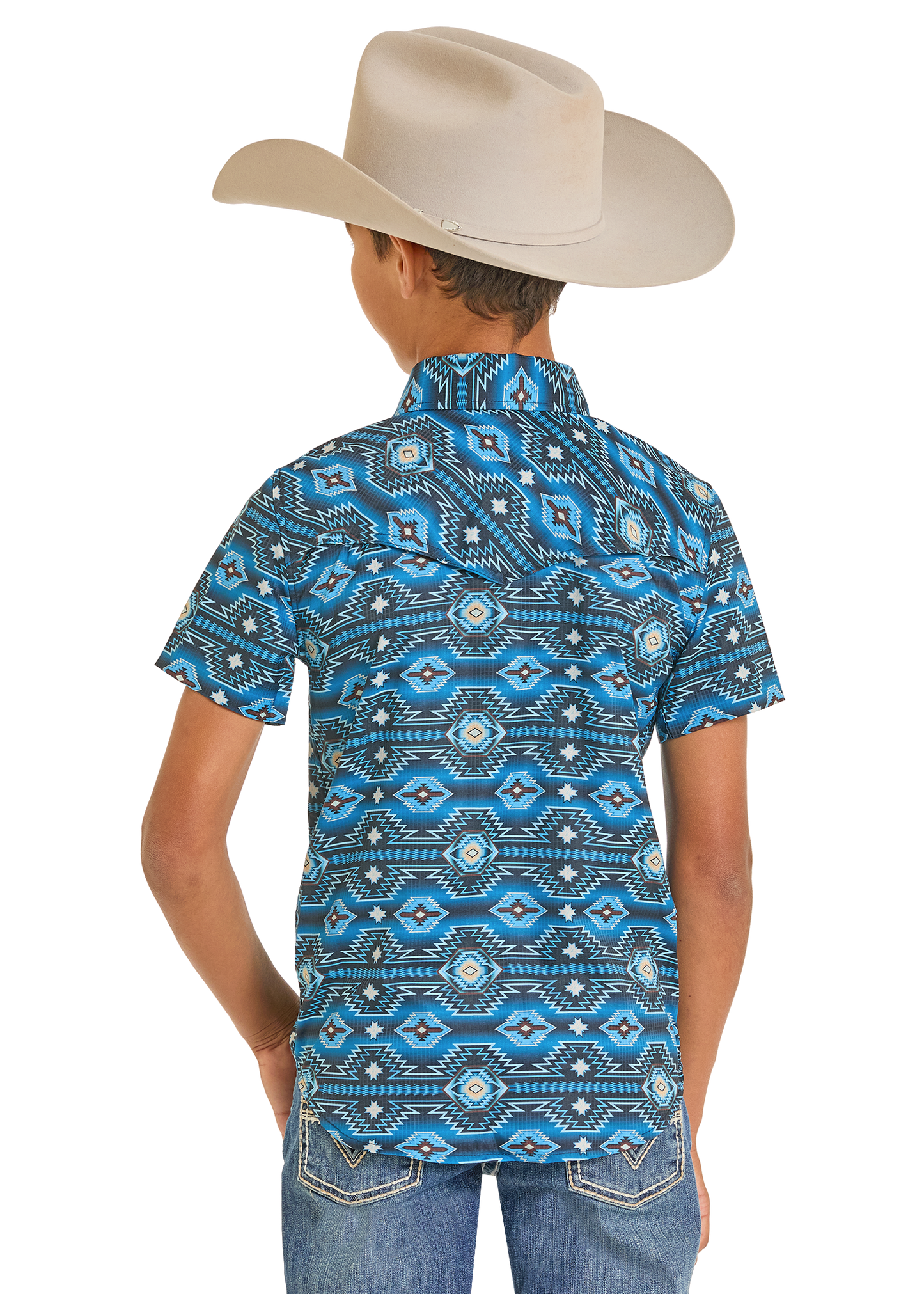Child wearing a blue patterned shirt and beige cowboy hat on a white background