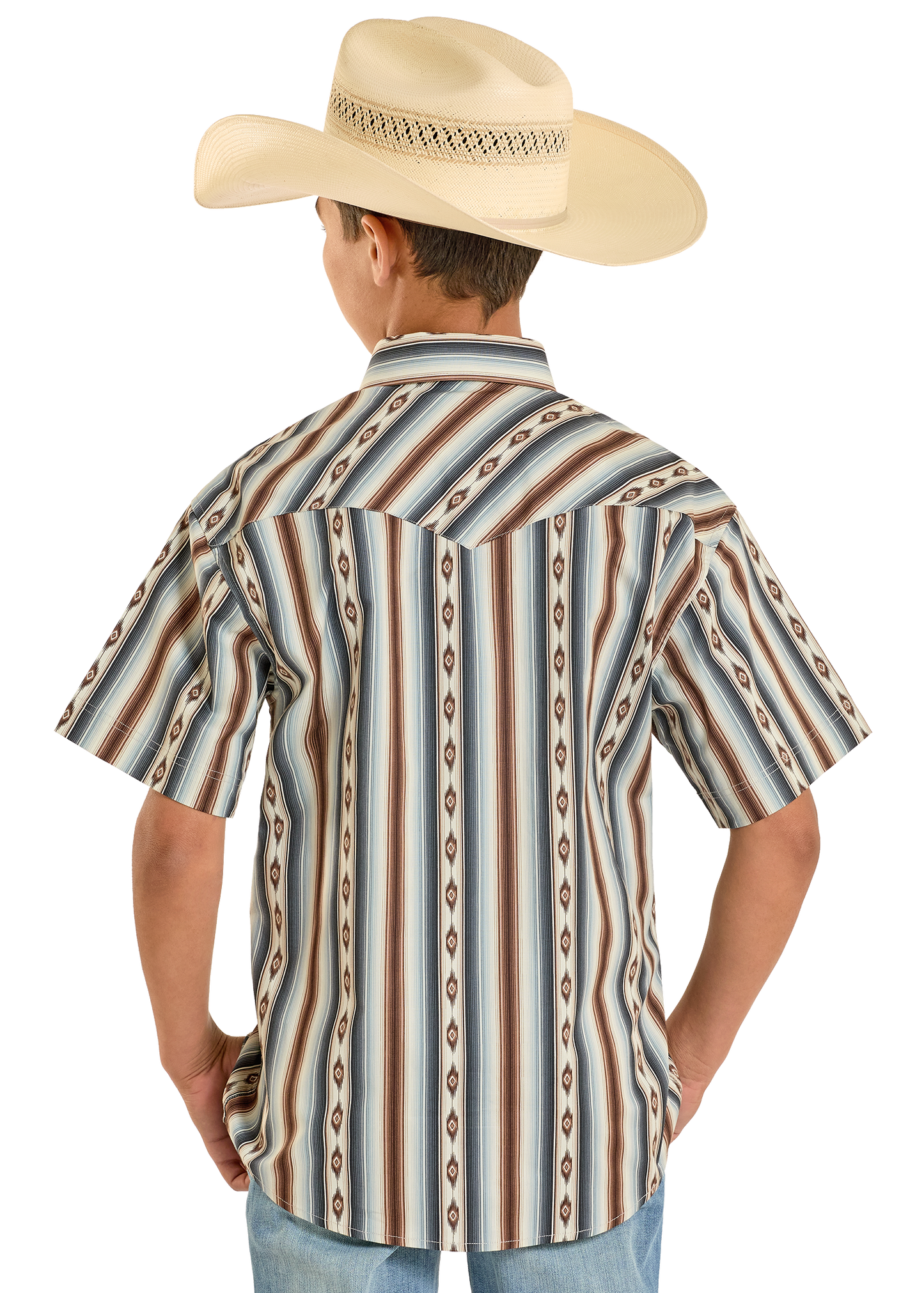 Person wearing a patterned short-sleeve shirt and cowboy hat on a white background