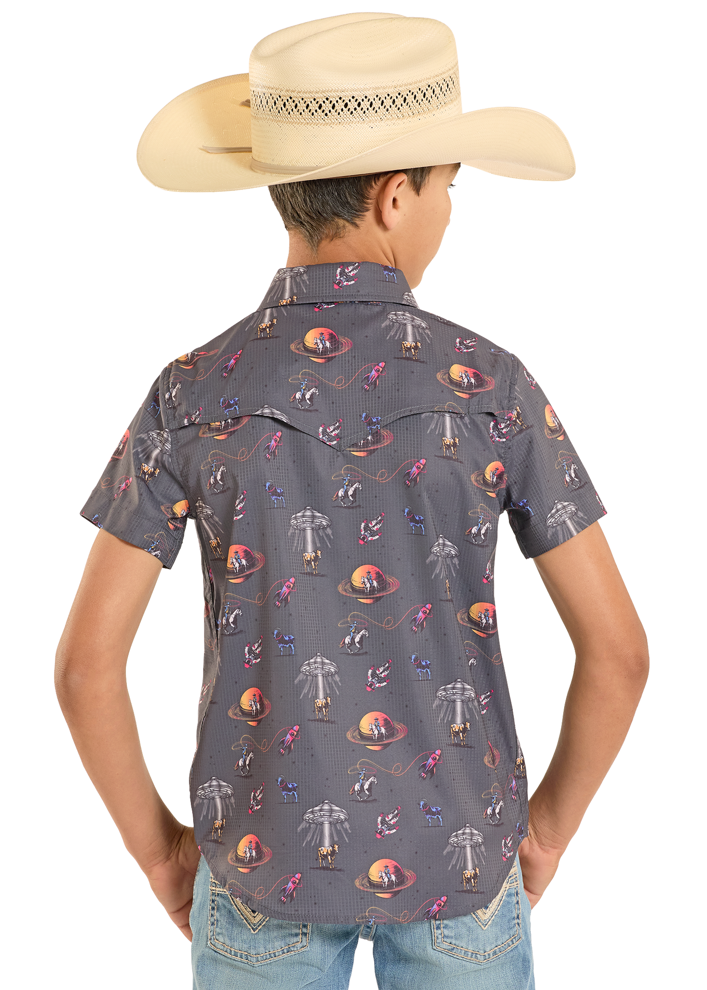 Child wearing a patterned shirt and cowboy hat on a white background