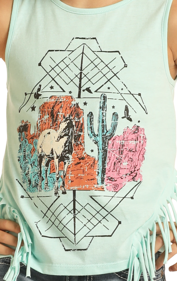The Rock & Roll Denim Girls' Desert Graphic Tank is a mint green summer top with fringe sides, featuring a colorful horse, cactus, and desert scene framed by geometric lines and stars.