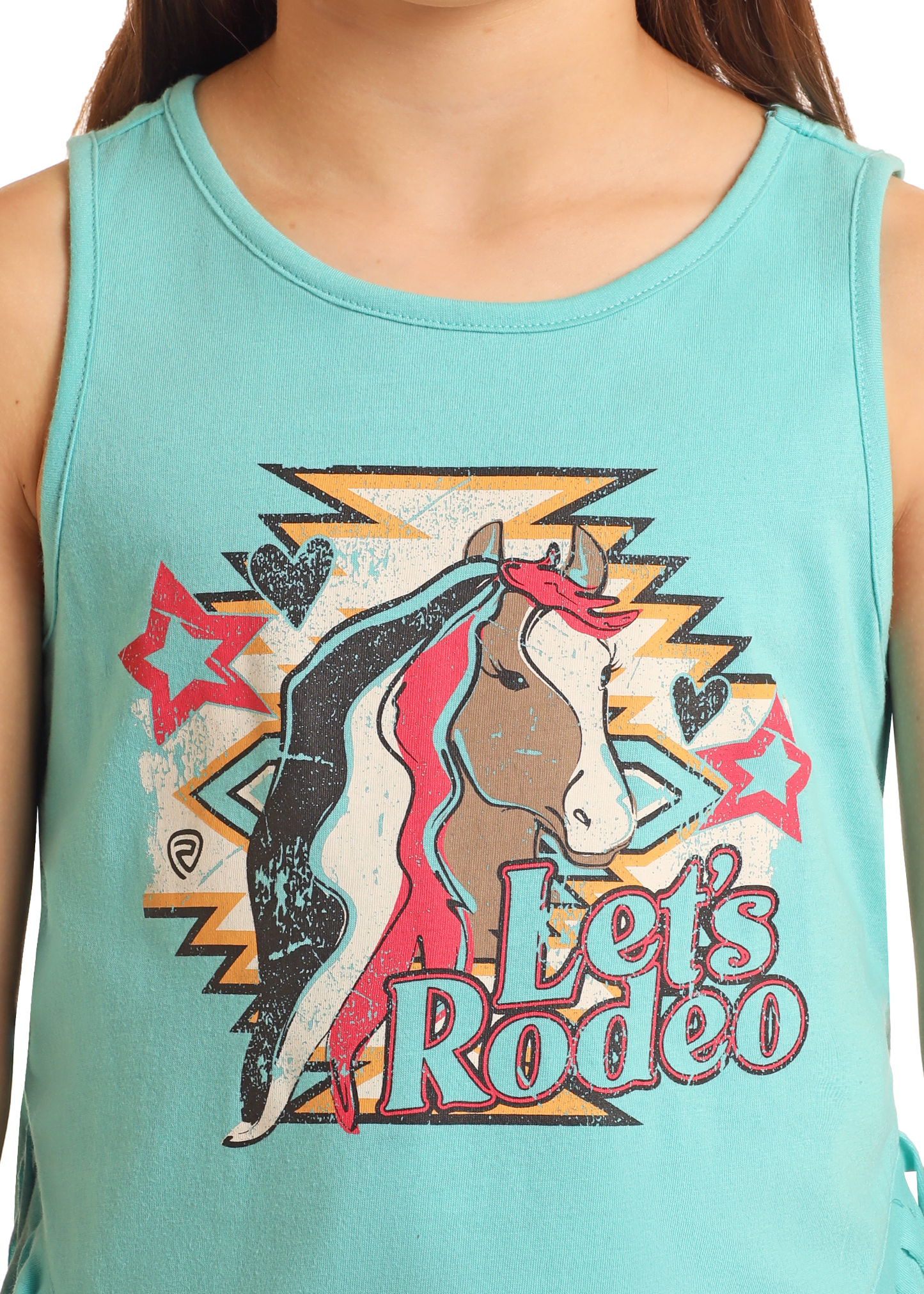 A close-up of the Girls' Let's Rodeo Fringe Tank by Rock & Roll Denim, showcasing a colorful horse graphic with a multicolored mane, stars, hearts, geometric shapes, and “Let’s Rodeo” text.