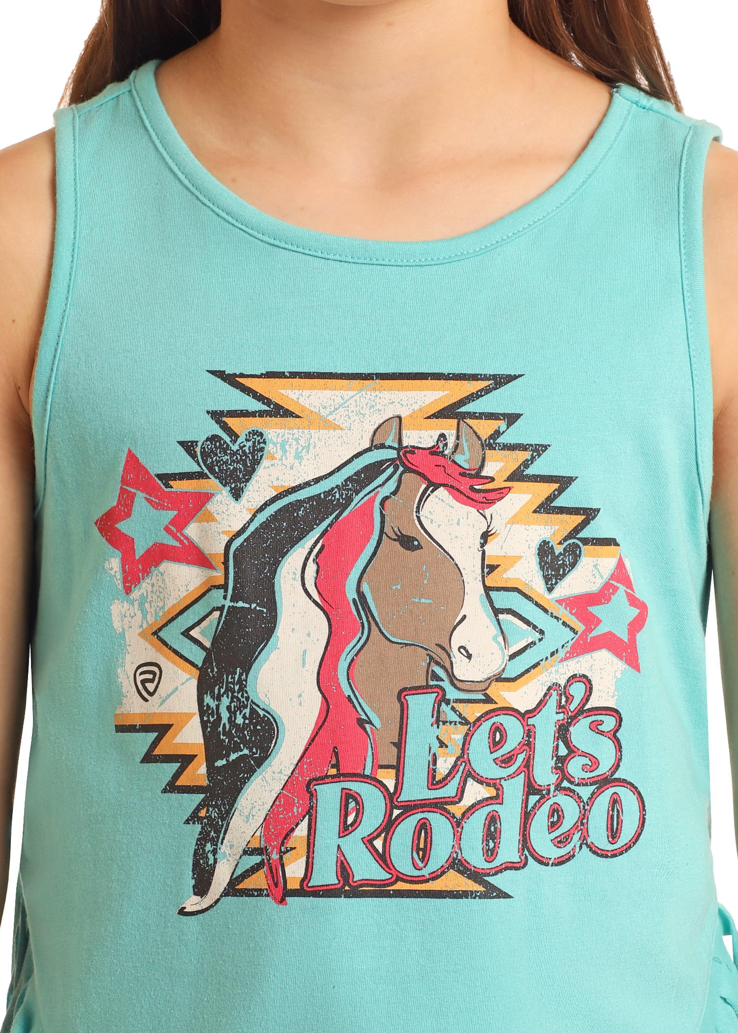 A close-up of the Girls' Let's Rodeo Fringe Tank by Rock & Roll Denim, showcasing a colorful horse graphic with a multicolored mane, stars, hearts, geometric shapes, and “Let’s Rodeo” text.