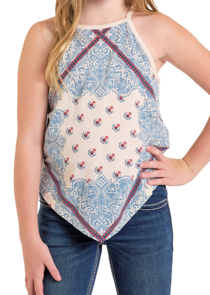 A girl poses confidently with one hand on her hip, wearing the Rock & Roll Denim Girls' Scarf Print Tank and blue jeans.