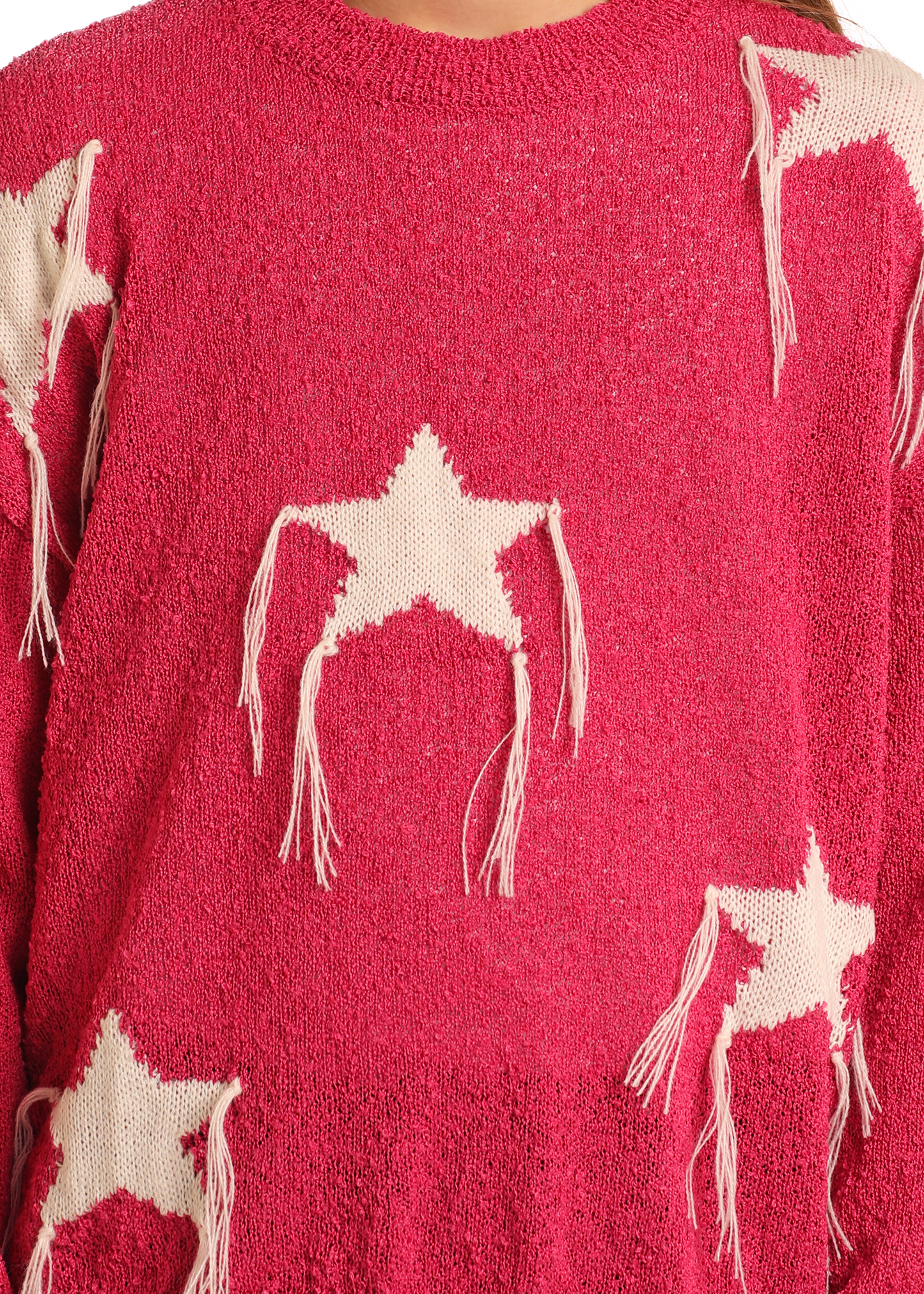 The Rock & Roll Denim Girls' Star Fringe Sweater features a bright pink knit with large white stars, each trimmed with long yarn fringes for a cozy feel and a playful Western-inspired style.