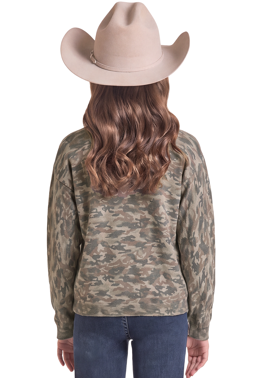 The back of a girl wearing a camo crewneck.