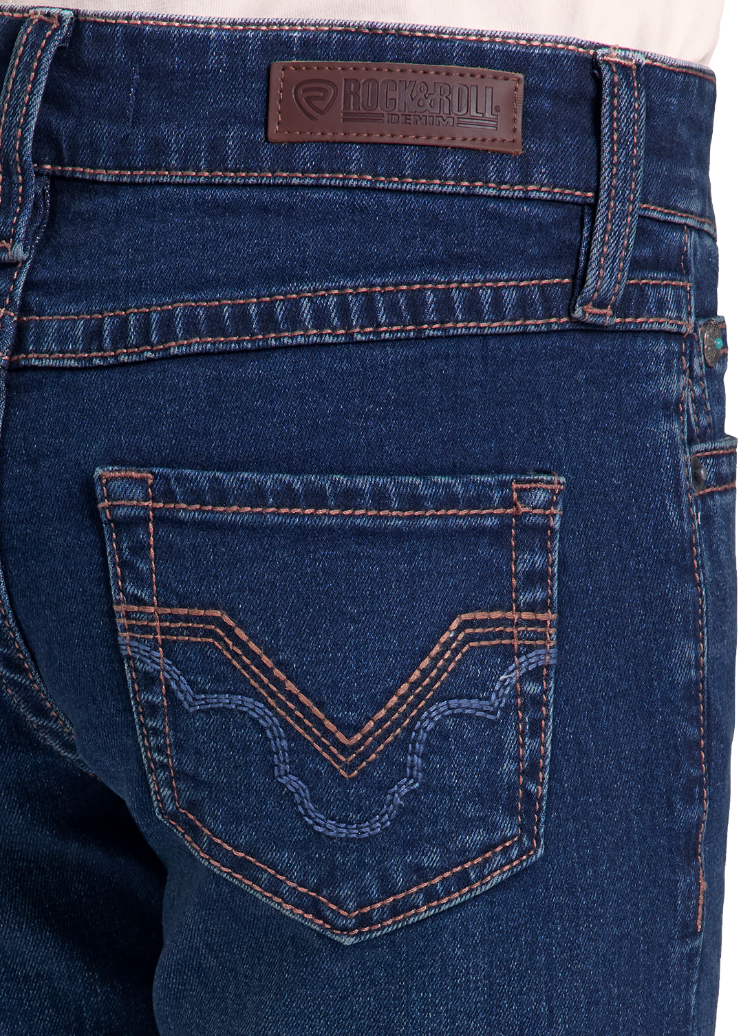 Close-up of the back waistband and rear pocket of dark blue denim jeans, showing contrast stitching and a brown leather Hanes brand patch.