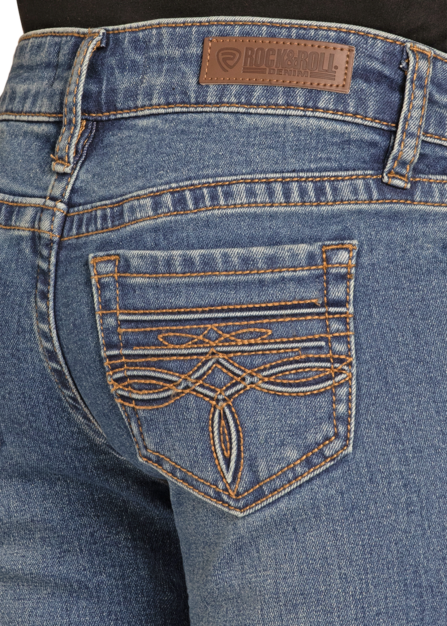 Close-up of blue jeans with a brand label on the back pocket.