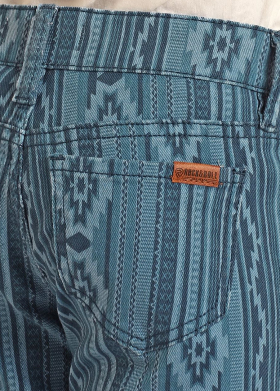 Blue patterned pants with a brand logo on a white background