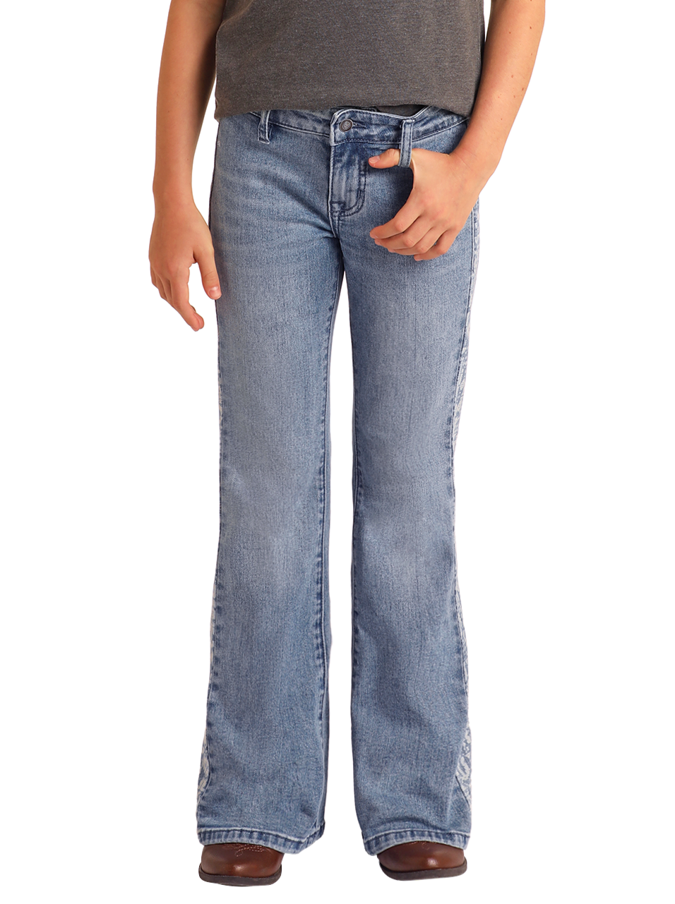 A person models the Rock & Roll Denim Girls' Aztec Panel Button Flare Jeans against a white background, with their left hand in their pocket and head out of frame.