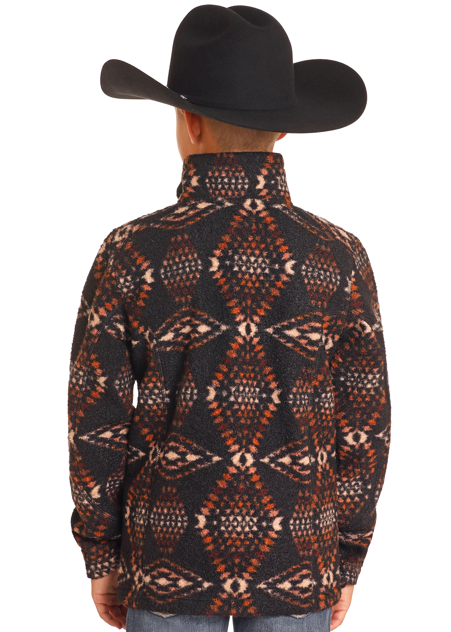 A child wearing a large black cowboy hat and a Rock & Roll Denim Kids' Aztec Print Quarter Zip Pullover with brown, orange, and cream diamond shapes stands facing away from the camera against a plain background.