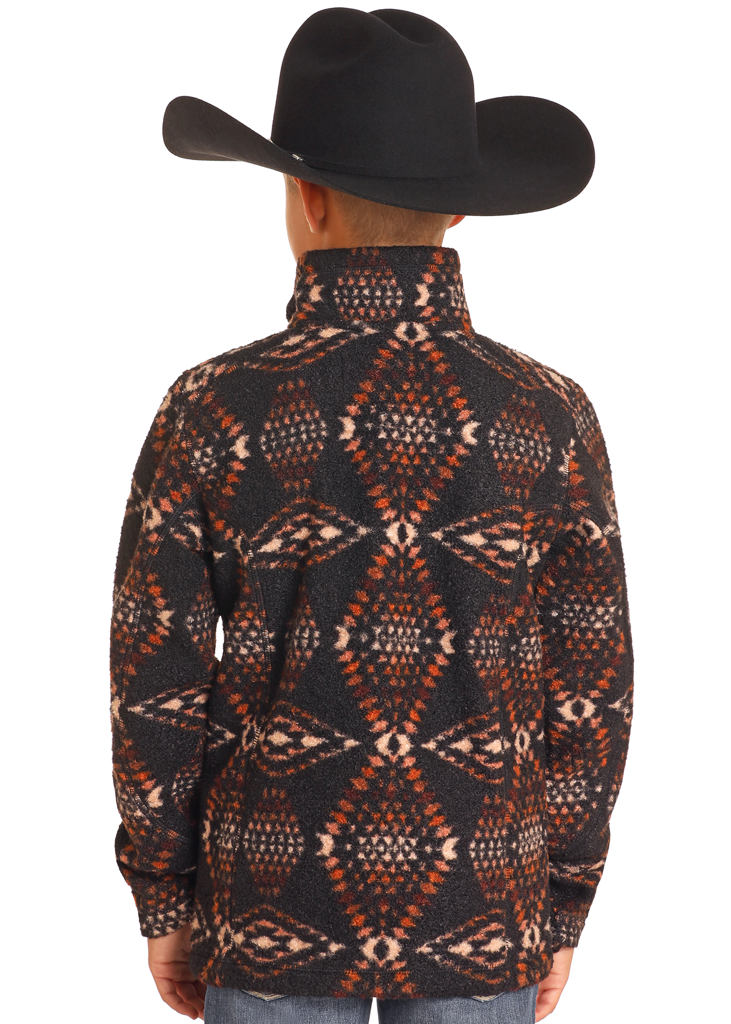 A child wearing a large black cowboy hat and a Rock & Roll Denim Kids' Aztec Print Quarter Zip Pullover with brown, orange, and cream diamond shapes stands facing away from the camera against a plain background.