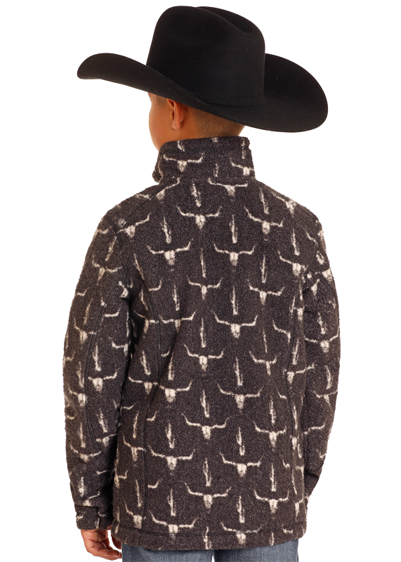 A young boy, seen from behind against a plain background, wears the Rock & Roll Denim Kids' Steer Skull Quarter Zip Pullover and a black cowboy hat.