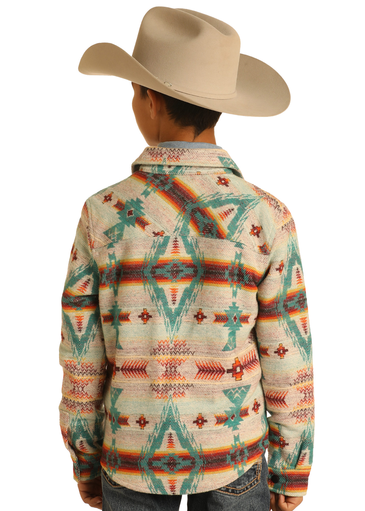 A child wearing the Rock & Roll Denim Kids' Cream Aztec Jacquard Shirt Jacket stands with their back to the camera against a plain white background.