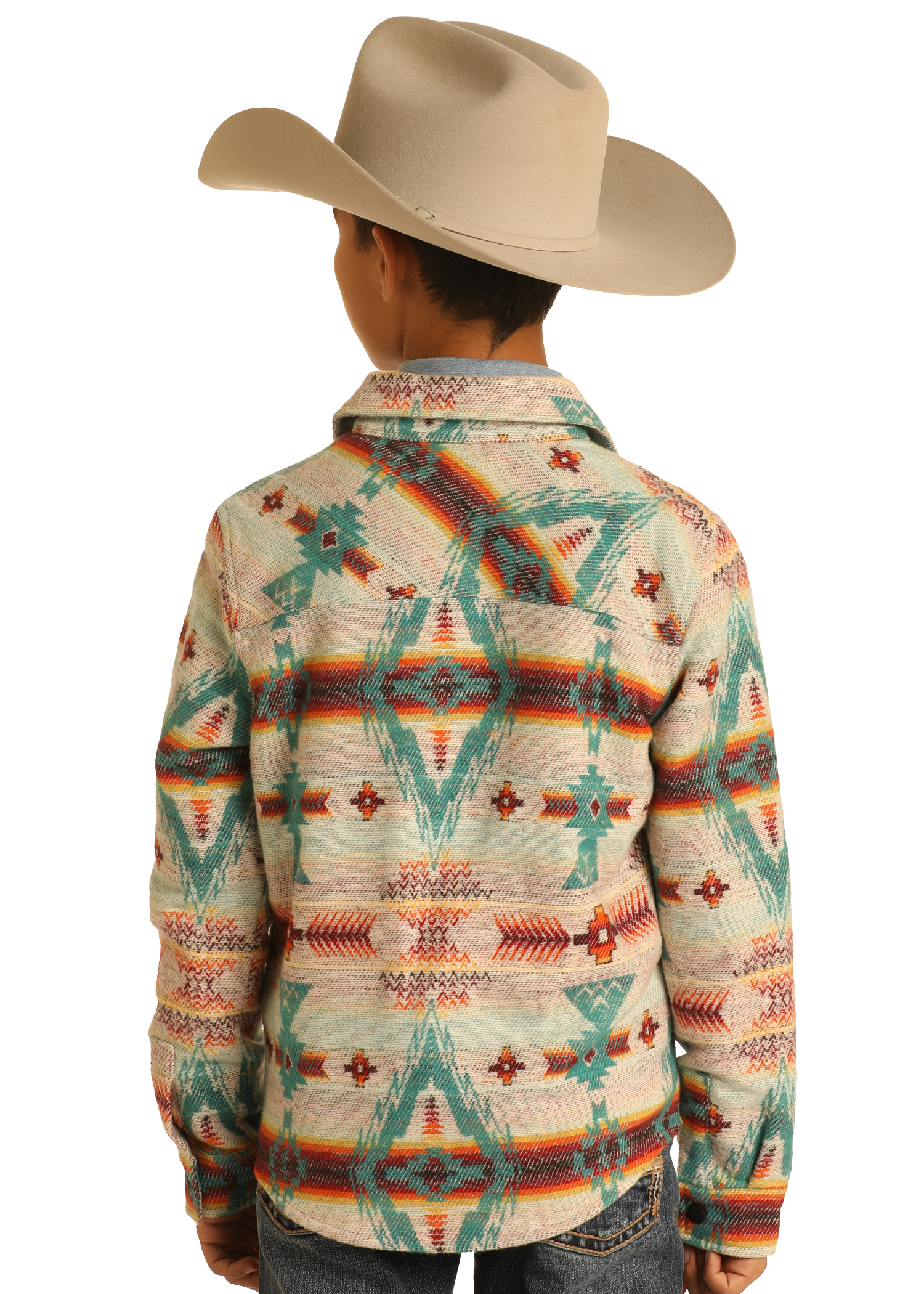 A child wearing the Rock & Roll Denim Kids' Cream Aztec Jacquard Shirt Jacket stands with their back to the camera against a plain white background.