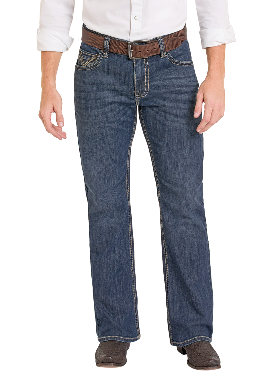 A person in a white shirt, brown belt, Rock & Roll Denim Relaxed Fit Classic Pleather V Bootcut Jeans, and brown shoes stands against a plain white background. The photo is cropped just below the shoulders.
