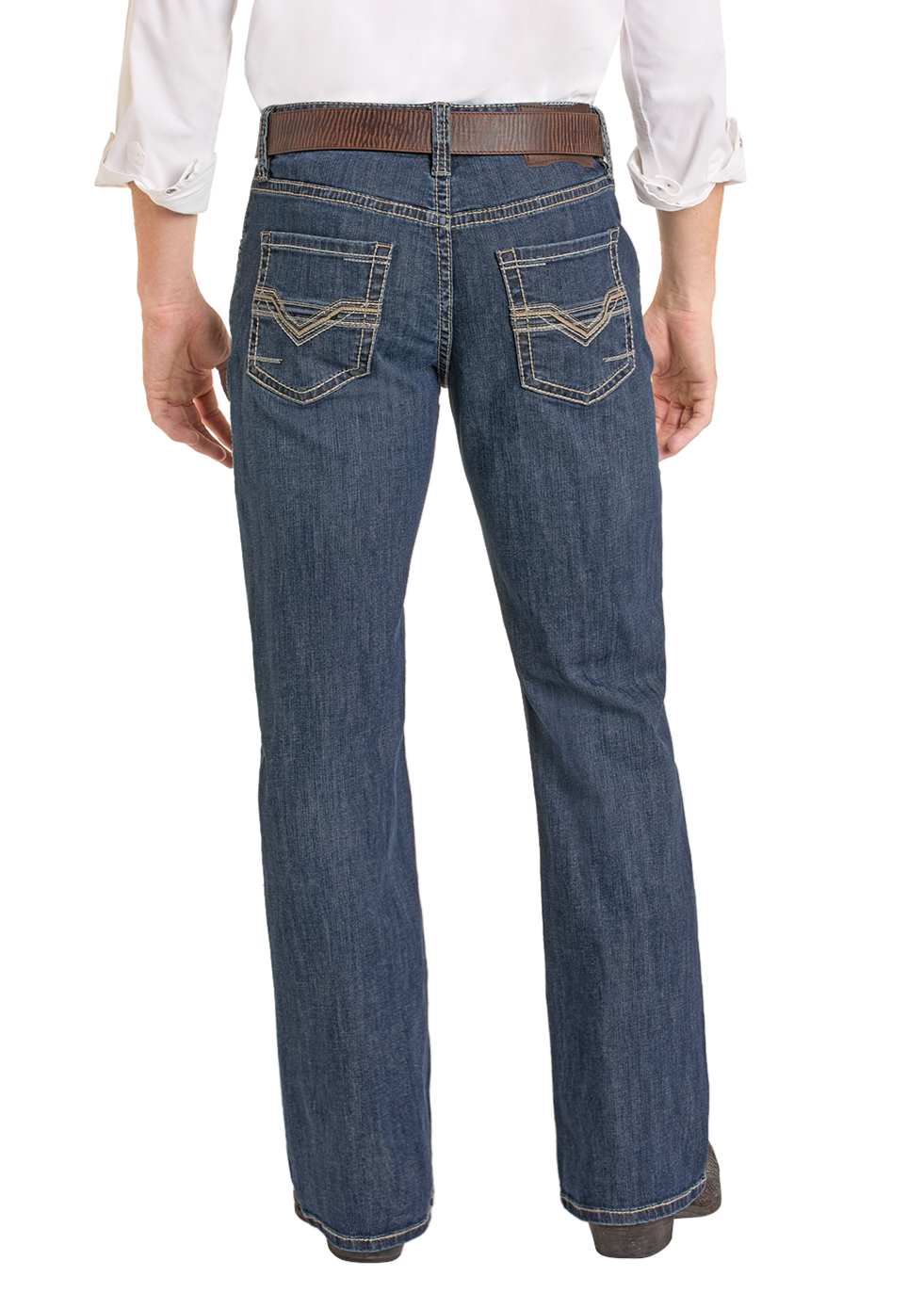 A person wearing blue Rock & Roll Denim Relaxed Fit Classic Pleather V Bootcut Jeans with detailed back pocket stitching, a brown belt, white rolled-sleeve shirt, and dark shoes, shown from the back against a white background.